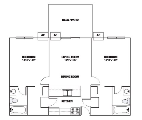 A floor plan of a house with three bedrooms, a living room, a dining room, and a kitchen.